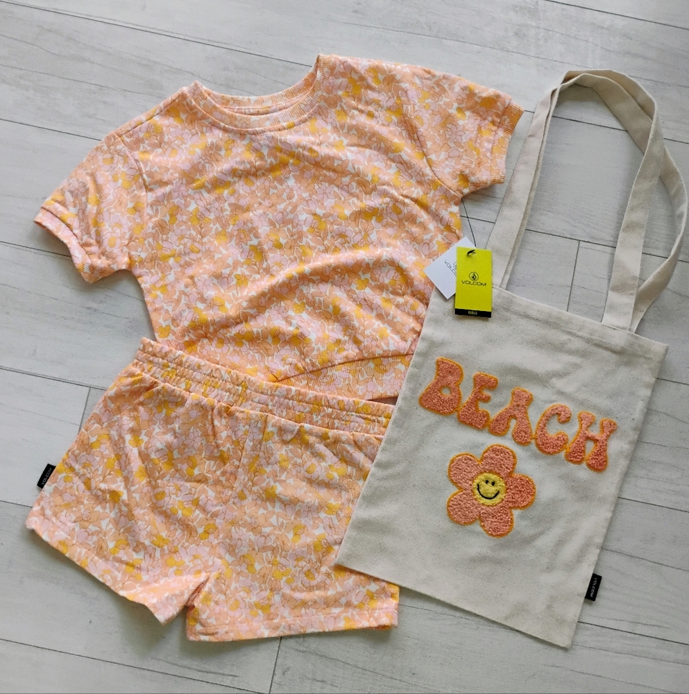 VOLCOM NEW Melon Floral French Terry Sweatshirt,Shorts & Beach Tote